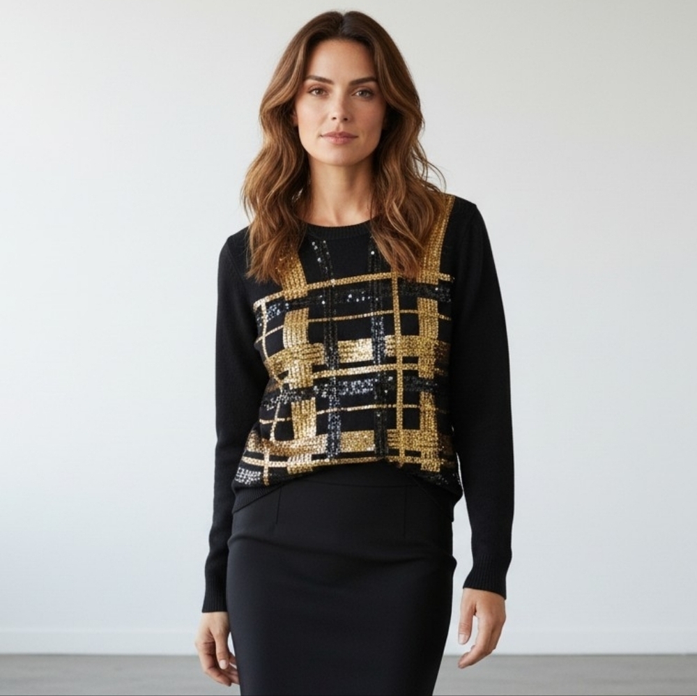 Saks Fifth Avenue Black Sweater with Gold Sequin Plaid